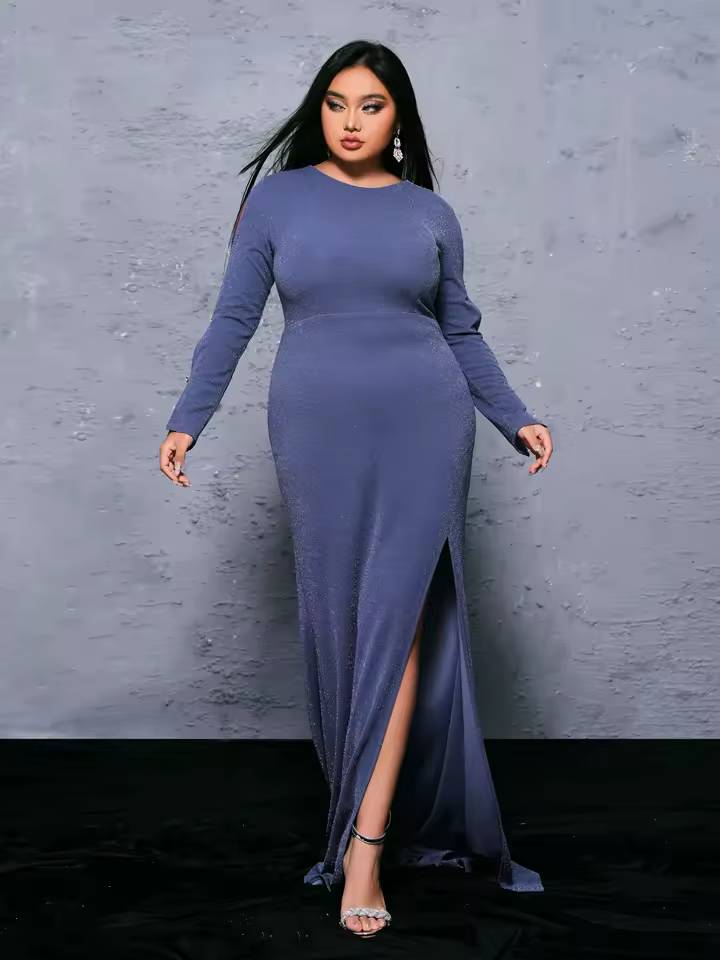 Elegant Round Neck Long Sleeved Split Plus Size Maxi Dress - Image 4