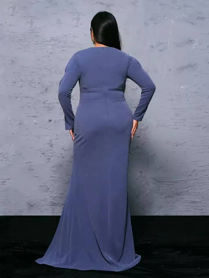 Elegant Round Neck Long Sleeved Split Plus Size Maxi Dress - Image 5