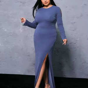 Elegant Round Neck Long Sleeved Split Plus Size Maxi Dress