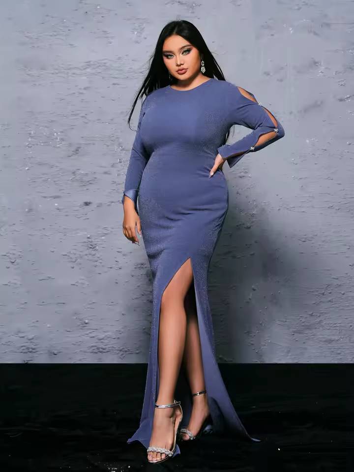 Elegant Round Neck Long Sleeved Split Plus Size Maxi Dress - Image 3