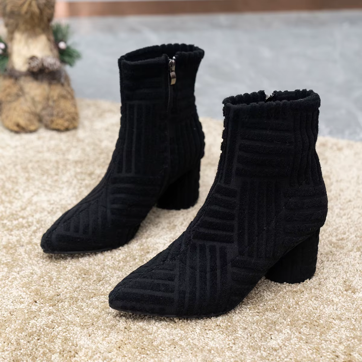 Elegant SLIP-ON Pointed Denim Square Heel Side Zipper Ankle Boots - Image 2