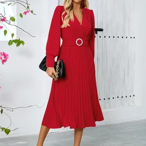 Elegant Sash V-Neck Long Sleeves Polyester Semi Formal Party Dress