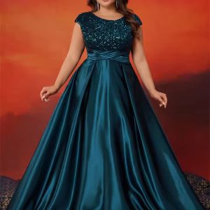 Elegant Satin O-Neck Sequins Cocktail Party Evening Dress