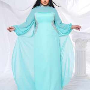 Elegant Round Neck Long Sleeved Plus Size Birthday Party Maxi Dress