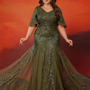 Elegant Short Sleeves Sequin Mermaid Formal Plus Size Maxi Dress