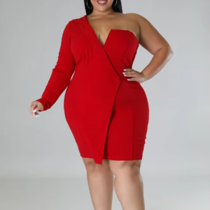 Elegant Single Long Sleeve V-Neck Solid Plus Size Mini Dress