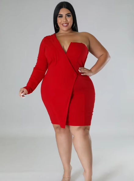 Elegant Single Long Sleeve V-Neck Solid Plus Size Mini Dress