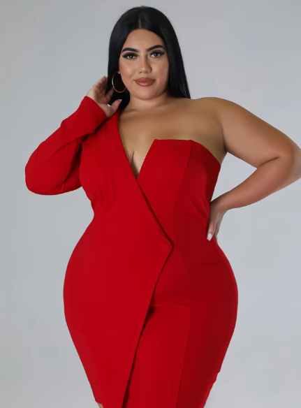 Elegant Single Long Sleeve V-Neck Solid Plus Size Mini Dress - Image 2