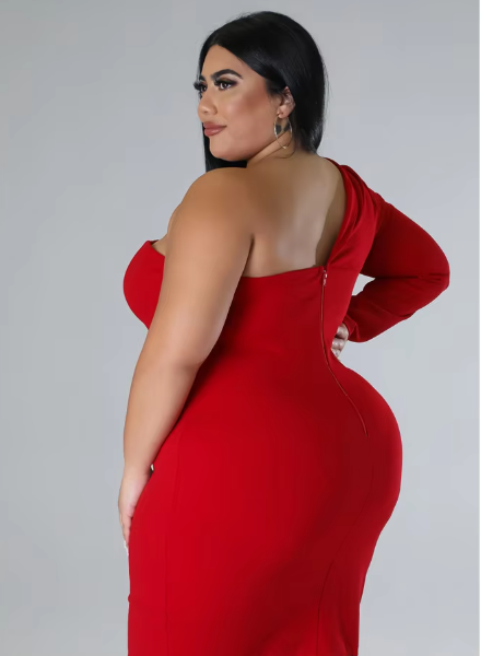Elegant Single Long Sleeve V-Neck Solid Plus Size Mini Dress - Image 3