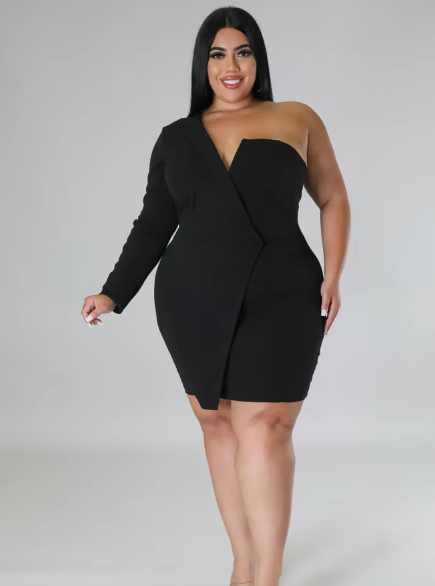 Elegant Single Long Sleeve V-Neck Solid Plus Size Mini Dress - Image 8
