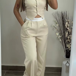 Elegant Sleeveless High Waist Straight Vest Top Long Pants Two Piece Sets