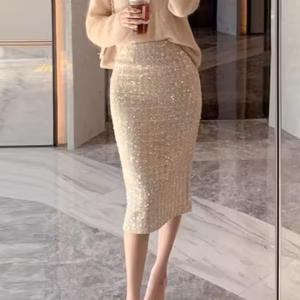 Elegant Slit Knit Midi Pencil Shiny Lurex Sheath Skirt