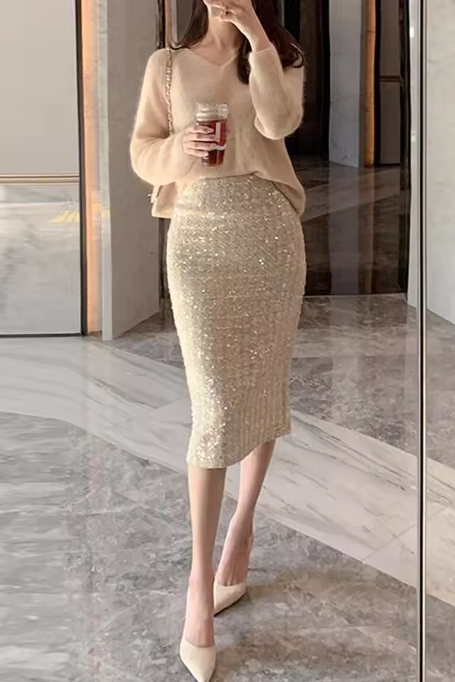Elegant Slit Knit Midi Pencil Shiny Lurex Sheath Skirt