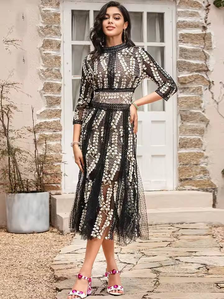 Elegant Stand Collar High Waist Embroidery Midi Dress - Image 4