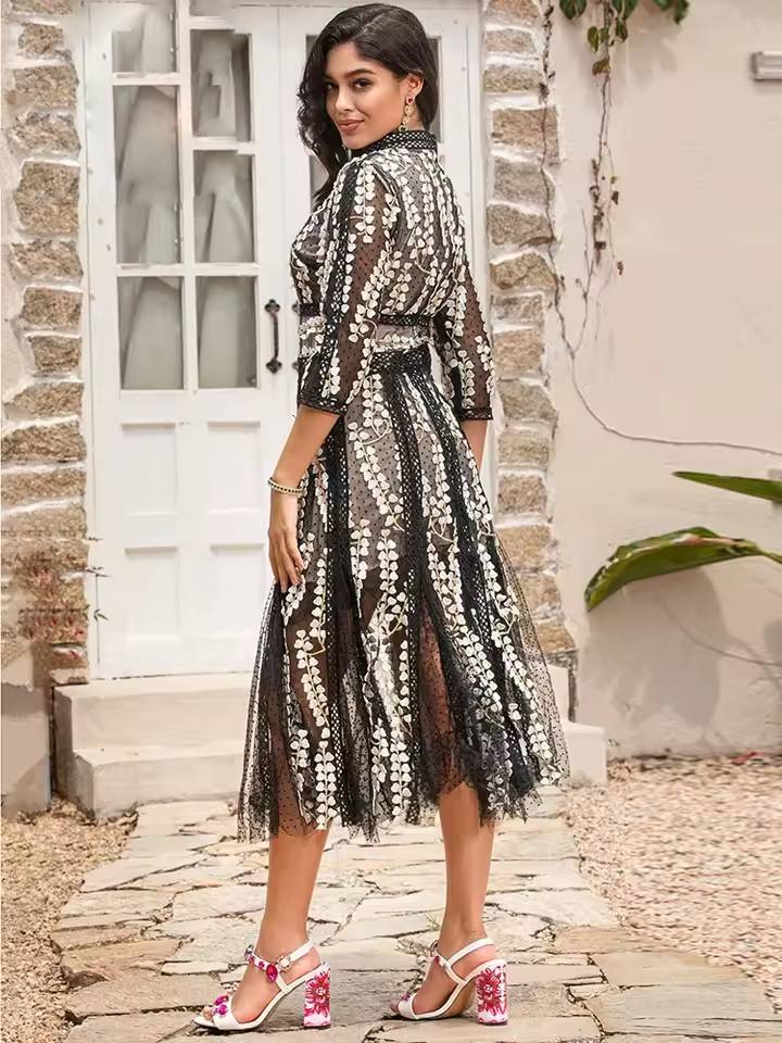 Elegant Stand Collar High Waist Embroidery Midi Dress - Image 5