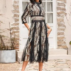 Elegant Stand Collar High Waist Embroidery Midi Dress