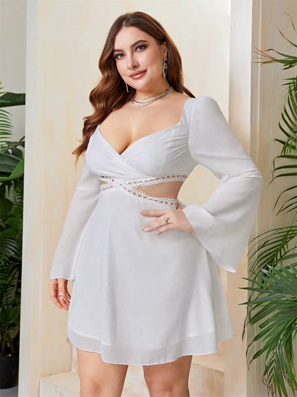 Elegant Sweetheart Neck Cutout Waist Lace Plus Size Mini Dress - Image 12