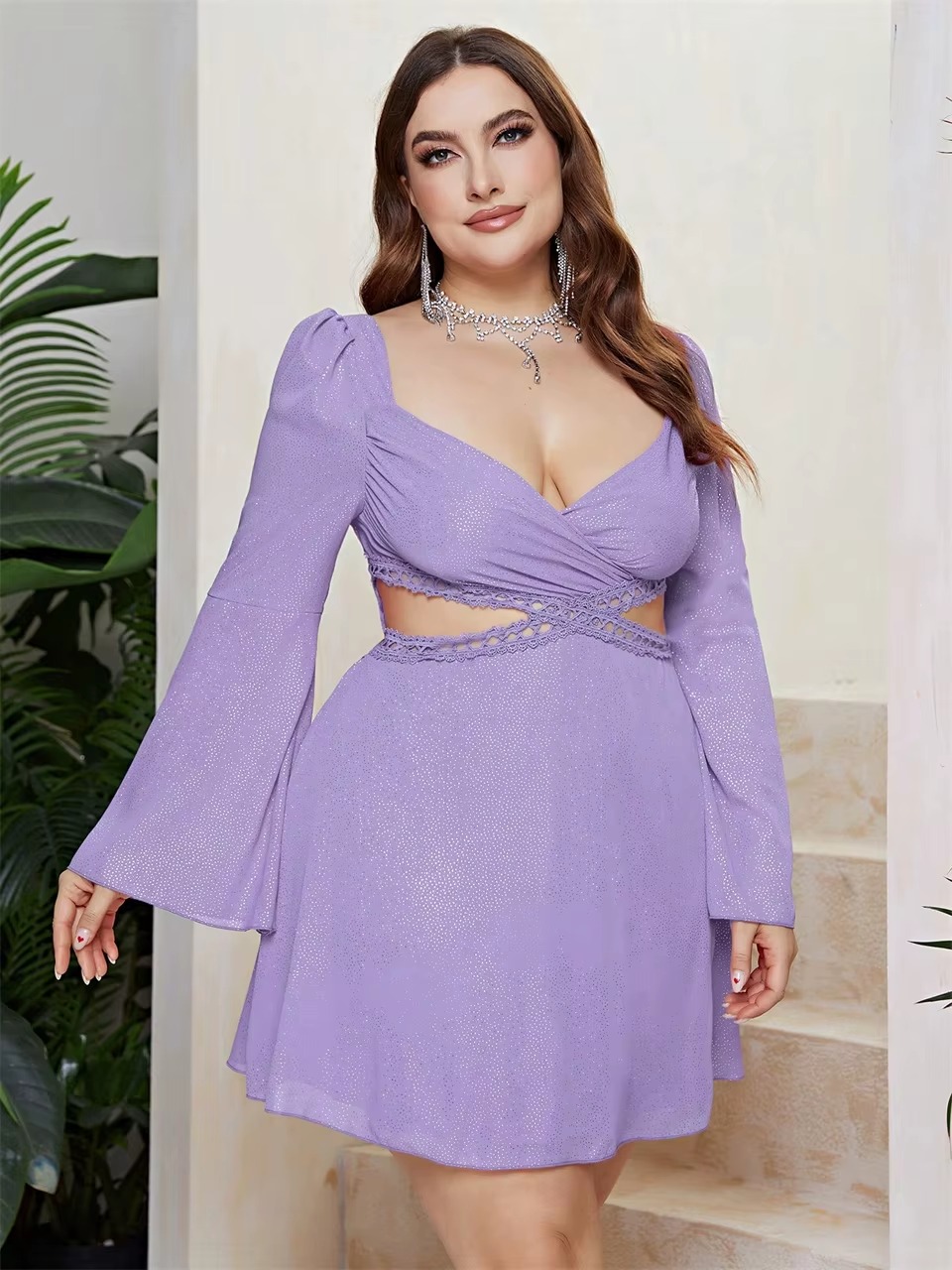 Elegant Sweetheart Neck Cutout Waist Lace Plus Size Mini Dress - Image 2