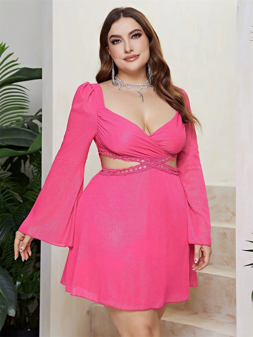 Elegant Sweetheart Neck Cutout Waist Lace Plus Size Mini Dress - Image 9