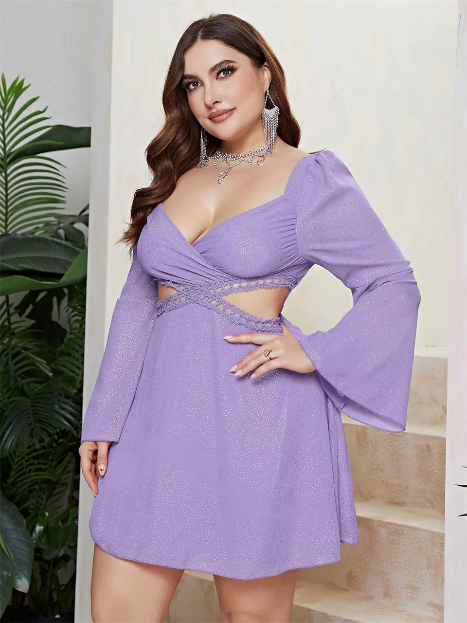Elegant Sweetheart Neck Cutout Waist Lace Plus Size Mini Dress - Image 3