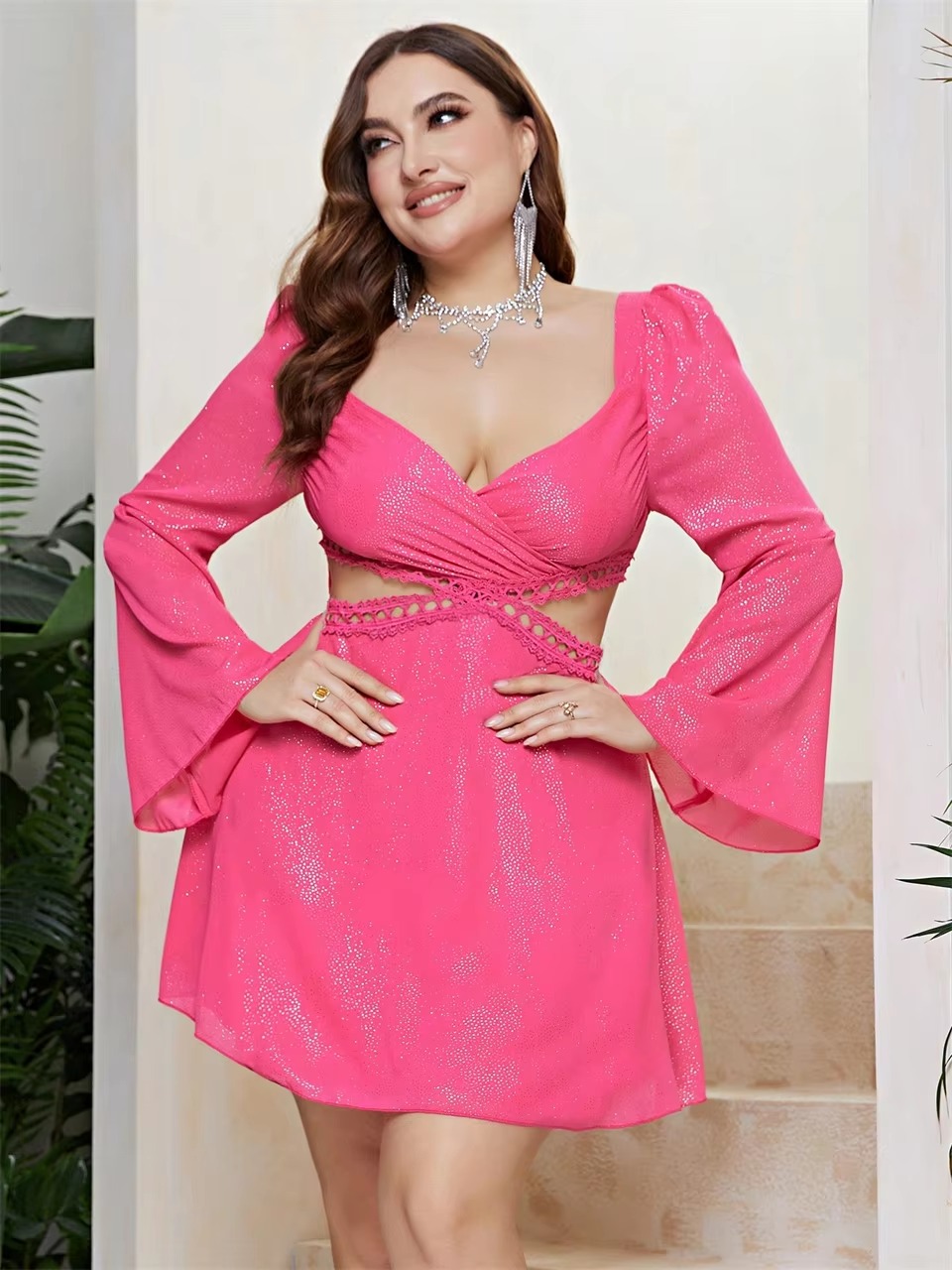 Elegant Sweetheart Neck Cutout Waist Lace Plus Size Mini Dress - Image 8