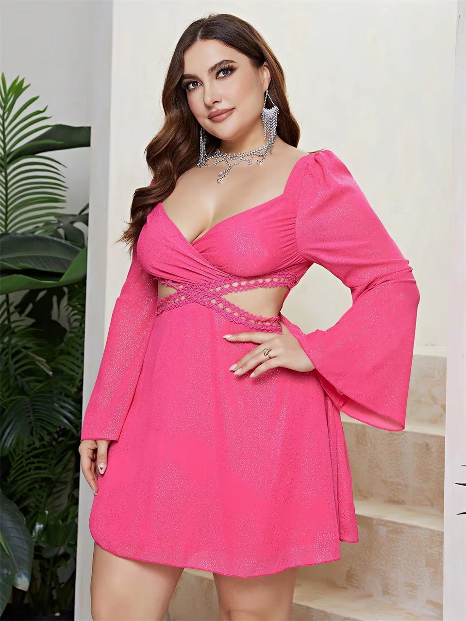 Elegant Sweetheart Neck Cutout Waist Lace Plus Size Mini Dress - Image 7