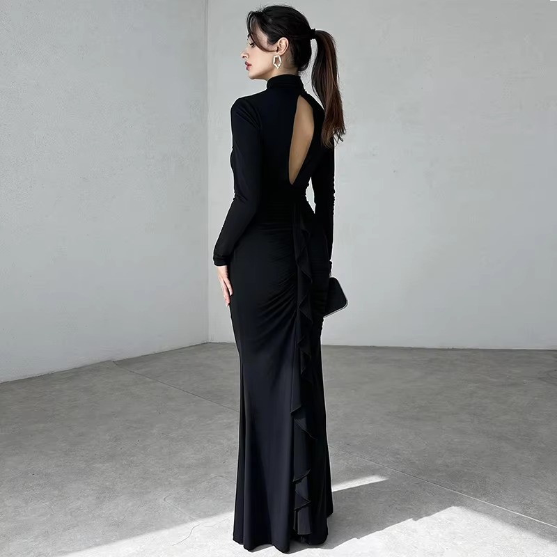 Elegant Turtleneck Hollow Out Long Sleeve Bodycon Maxi Dress - Image 6