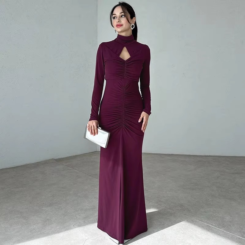 Elegant Turtleneck Hollow Out Long Sleeve Bodycon Maxi Dress