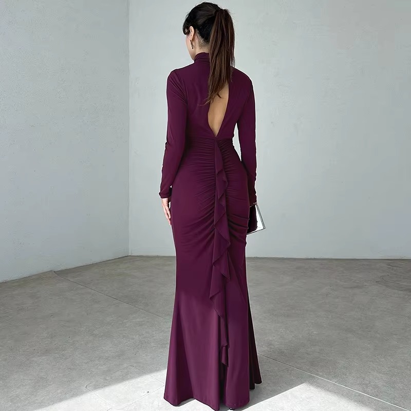 Elegant Turtleneck Hollow Out Long Sleeve Bodycon Maxi Dress - Image 3