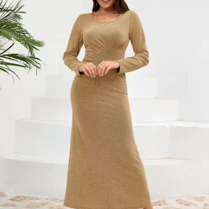 Elegant U-Neck Pleated Long Sleeves Semi Formal Party Dress