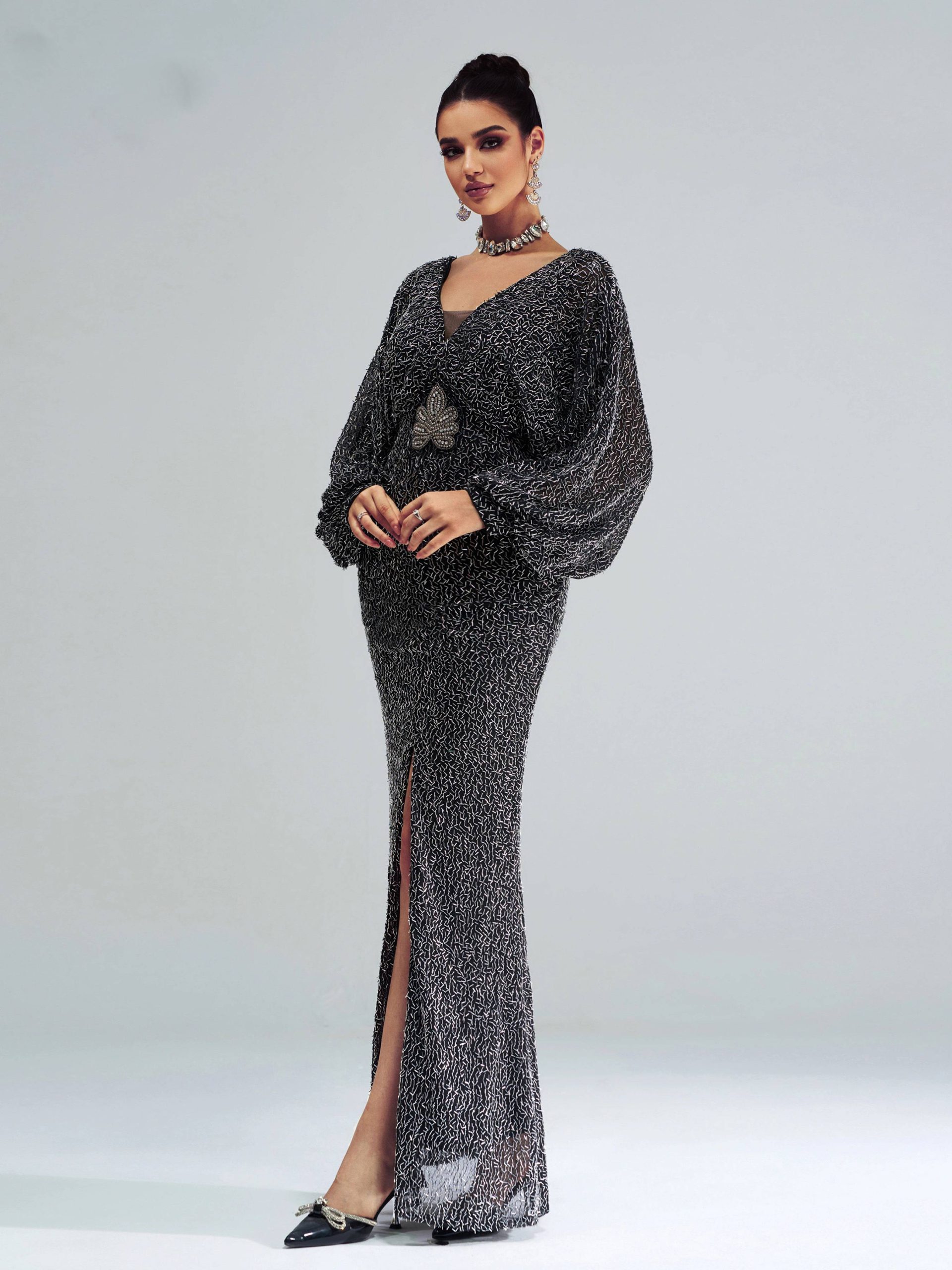 Elegant V Neck Lantern Sleeves Split Evening Formal Occasion Cocktail Prom Dress - Image 9