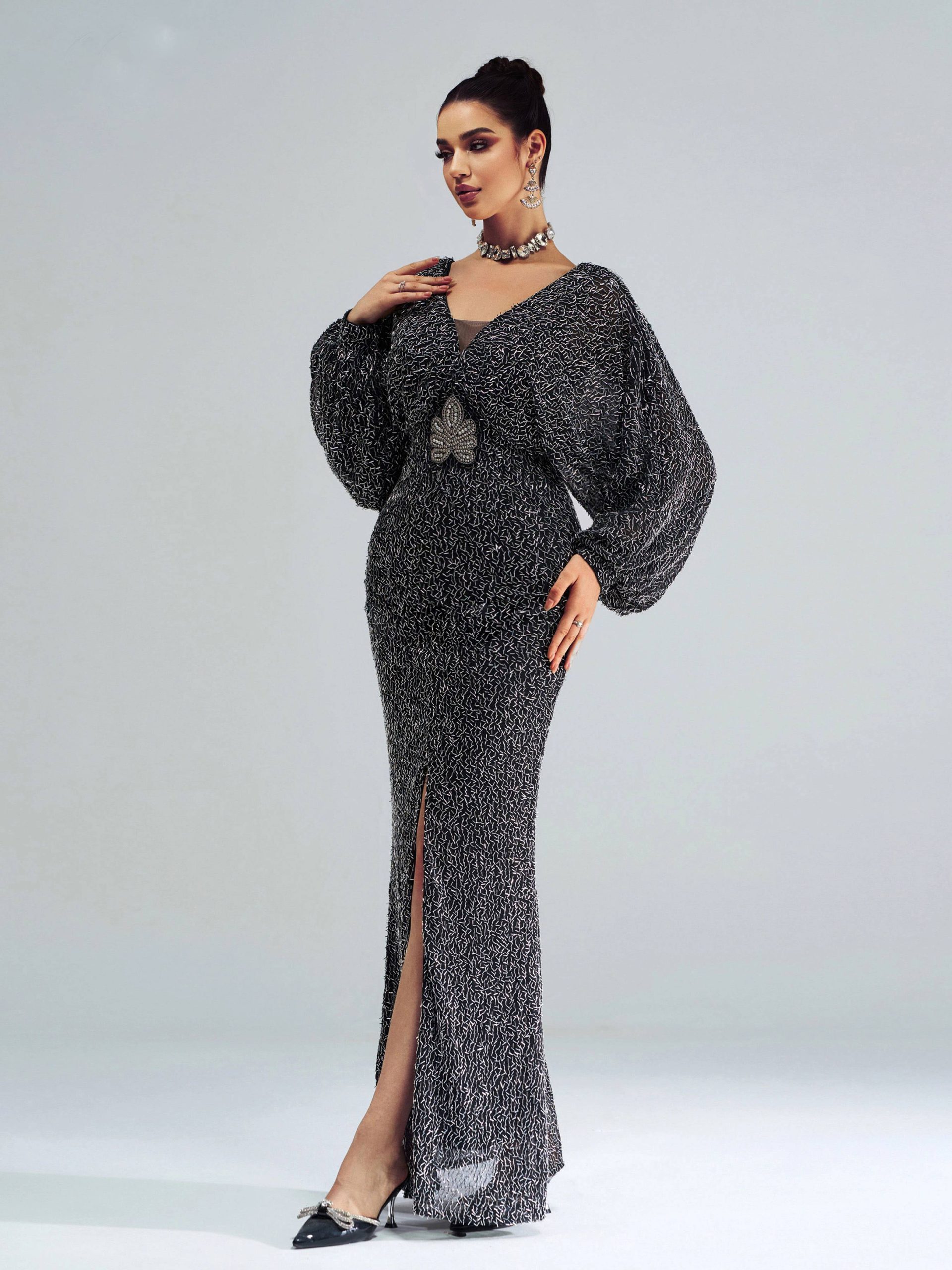 Elegant V Neck Lantern Sleeves Split Evening Formal Occasion Cocktail Prom Dress - Image 10