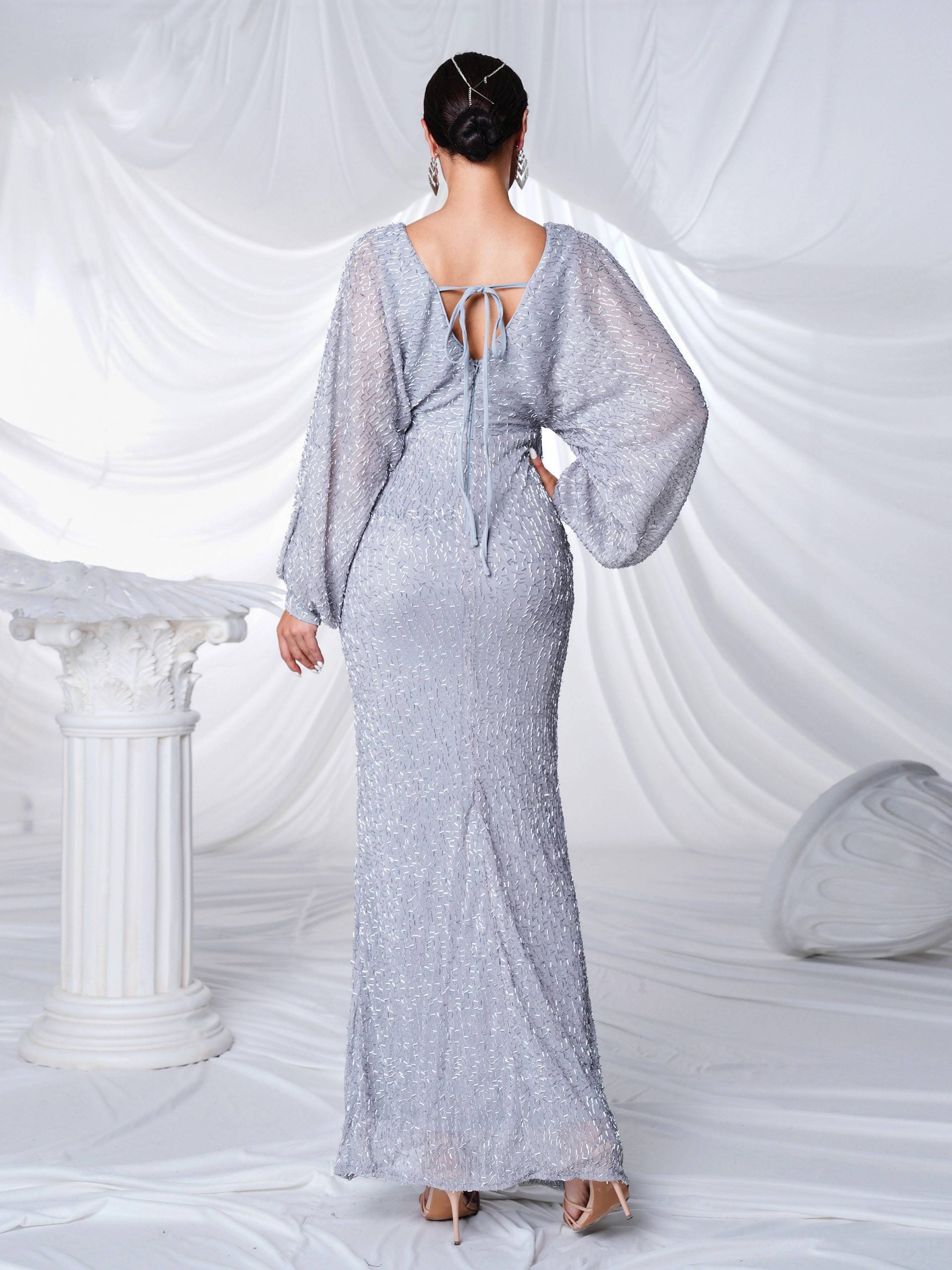 Elegant V Neck Lantern Sleeves Split Evening Formal Occasion Cocktail Prom Dress - Image 6