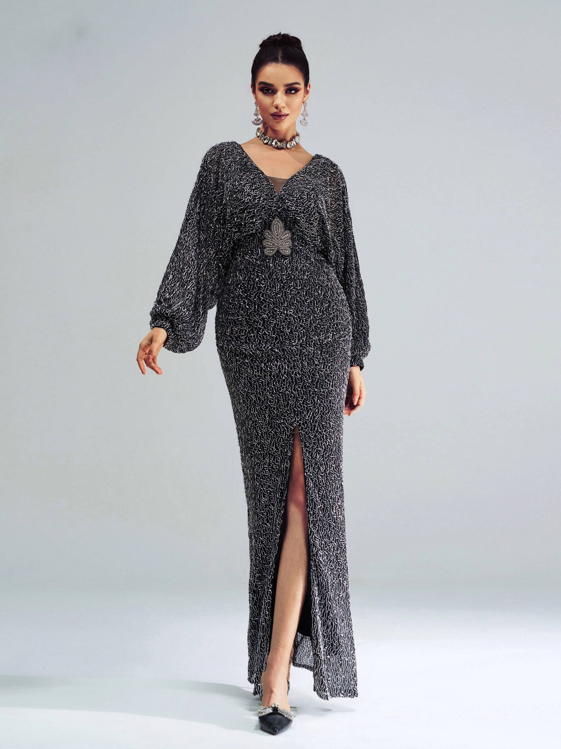 Elegant V Neck Lantern Sleeves Split Evening Formal Occasion Cocktail Prom Dress - Image 7