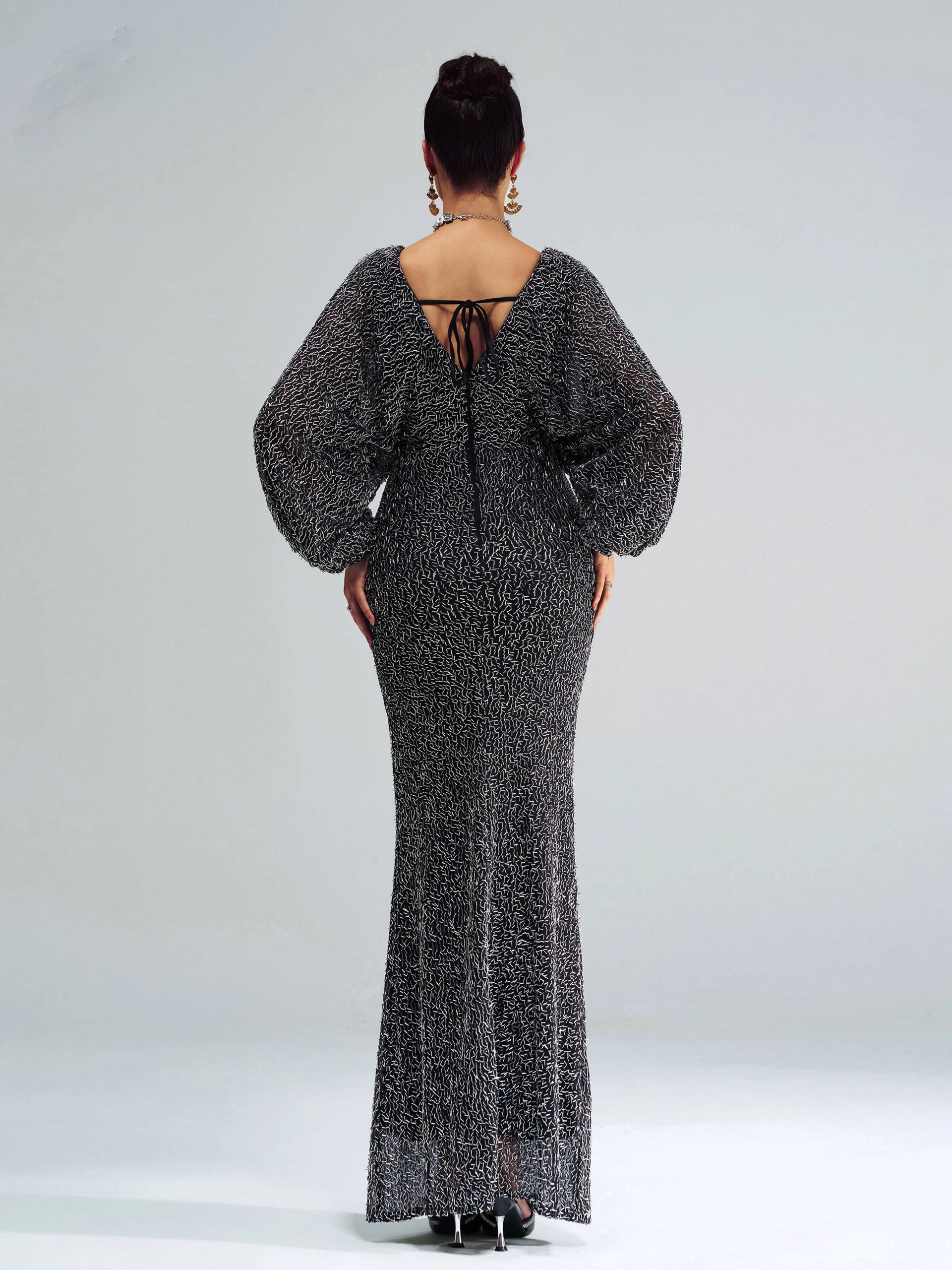 Elegant V Neck Lantern Sleeves Split Evening Formal Occasion Cocktail Prom Dress - Image 12