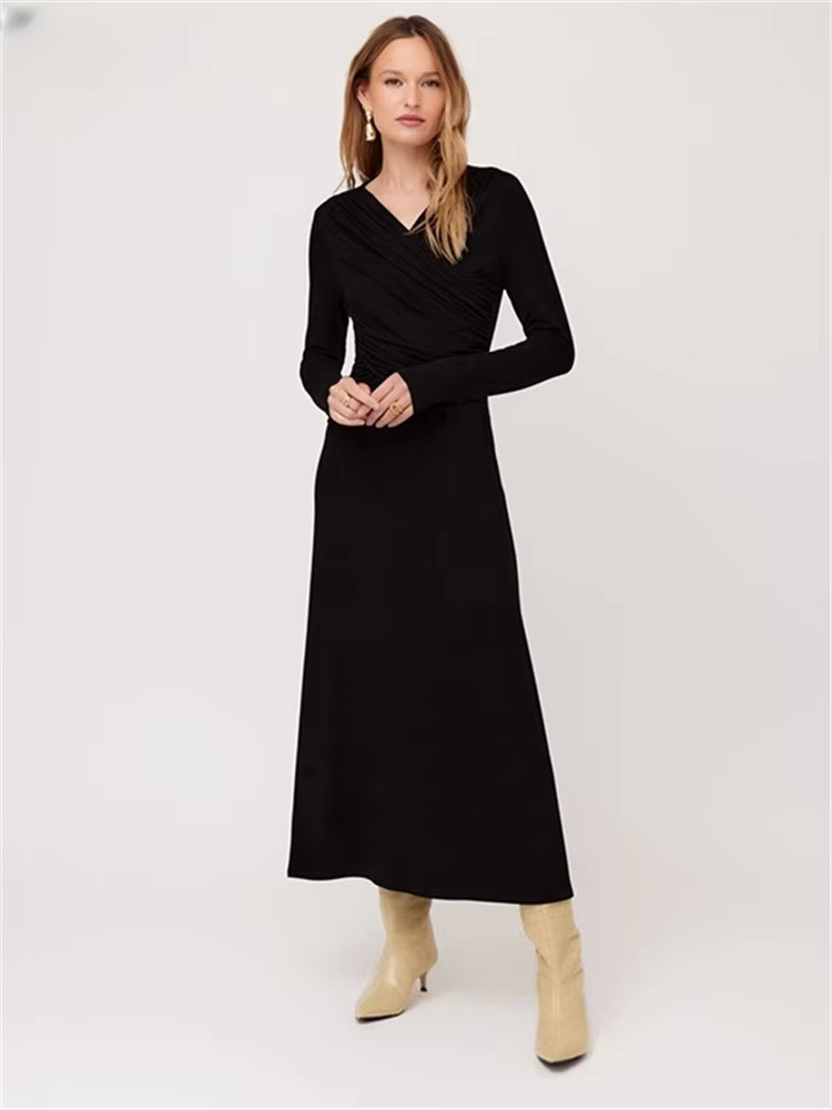 Elegant V-Neck Long Sleeve Twist High Waist Bodycon Maxi Dress