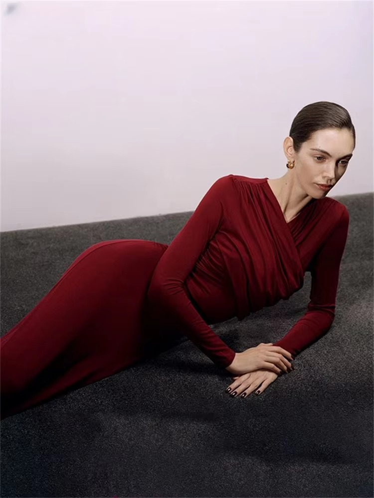 Elegant V-Neck Long Sleeve Twist High Waist Bodycon Maxi Dress - Image 5
