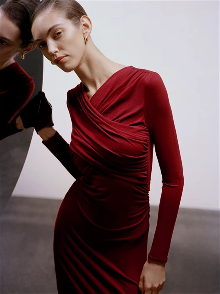 Elegant V-Neck Long Sleeve Twist High Waist Bodycon Maxi Dress - Image 6