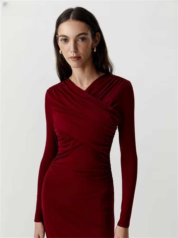 Elegant V-Neck Long Sleeve Twist High Waist Bodycon Maxi Dress - Image 4