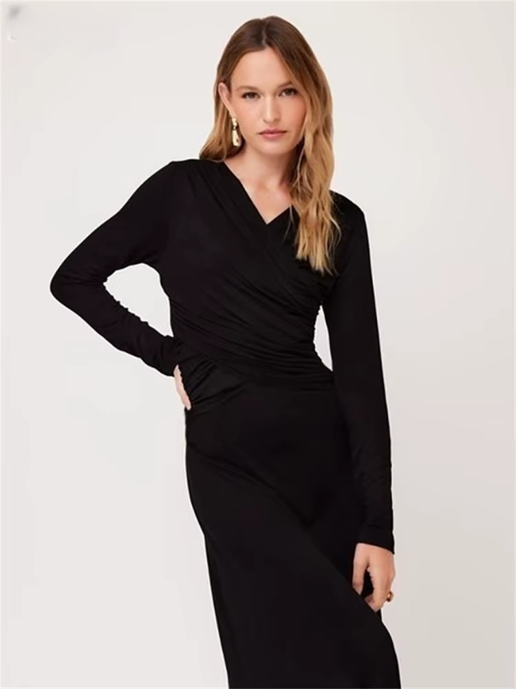 Elegant V-Neck Long Sleeve Twist High Waist Bodycon Maxi Dress - Image 2