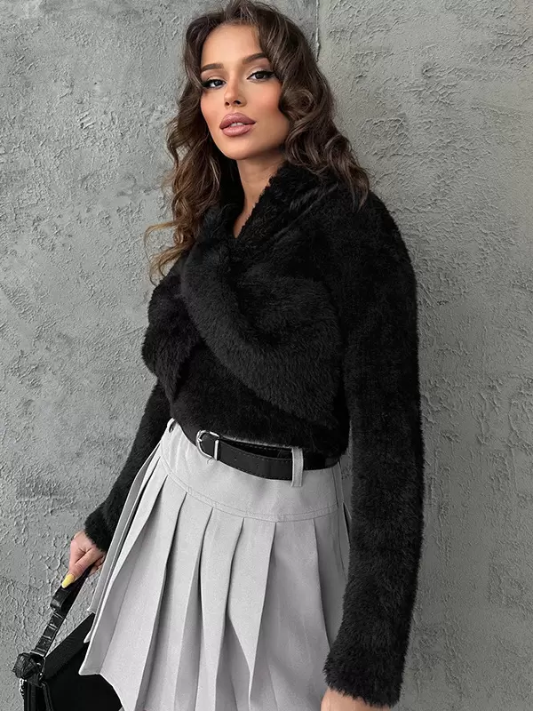 Elegant V-Neck Long Sleeves Faux Fur Raised Daily Casual Sweaters - Image 5