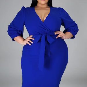 Elegant V-Neck Sash Belt Plus Size Pencil Midi Dress