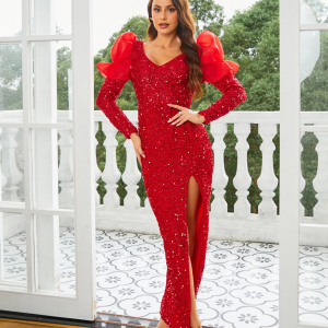 Elegant V-neck Long Sleeve Split Sequin Party Maxi Dress