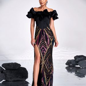 Elegant Off Shoulder Panel Geometric Sequin Split Wedding Birthday Vestidos Dresses