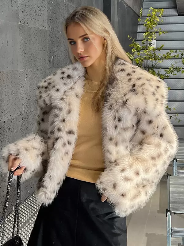 Faux Fur No Waistline Long Sleeves Animal Print Oversized Coat - Image 2