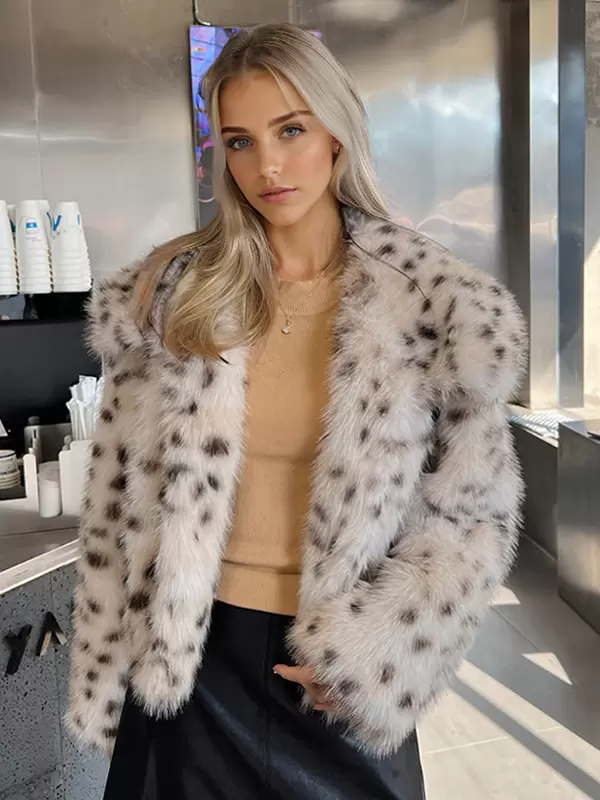 Faux Fur No Waistline Long Sleeves Animal Print Oversized Coat