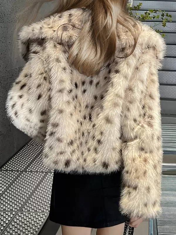 Faux Fur No Waistline Long Sleeves Animal Print Oversized Coat - Image 4