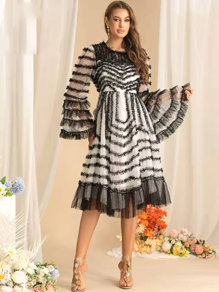 Flare Sleeved Edible Tree Fungus Edge Striped High Waist Midi Dress - Image 3