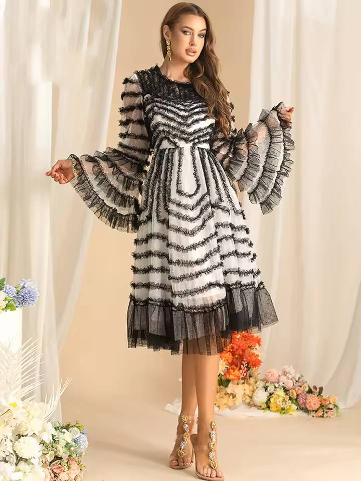 Flare Sleeved Edible Tree Fungus Edge Striped High Waist Midi Dress - Image 2