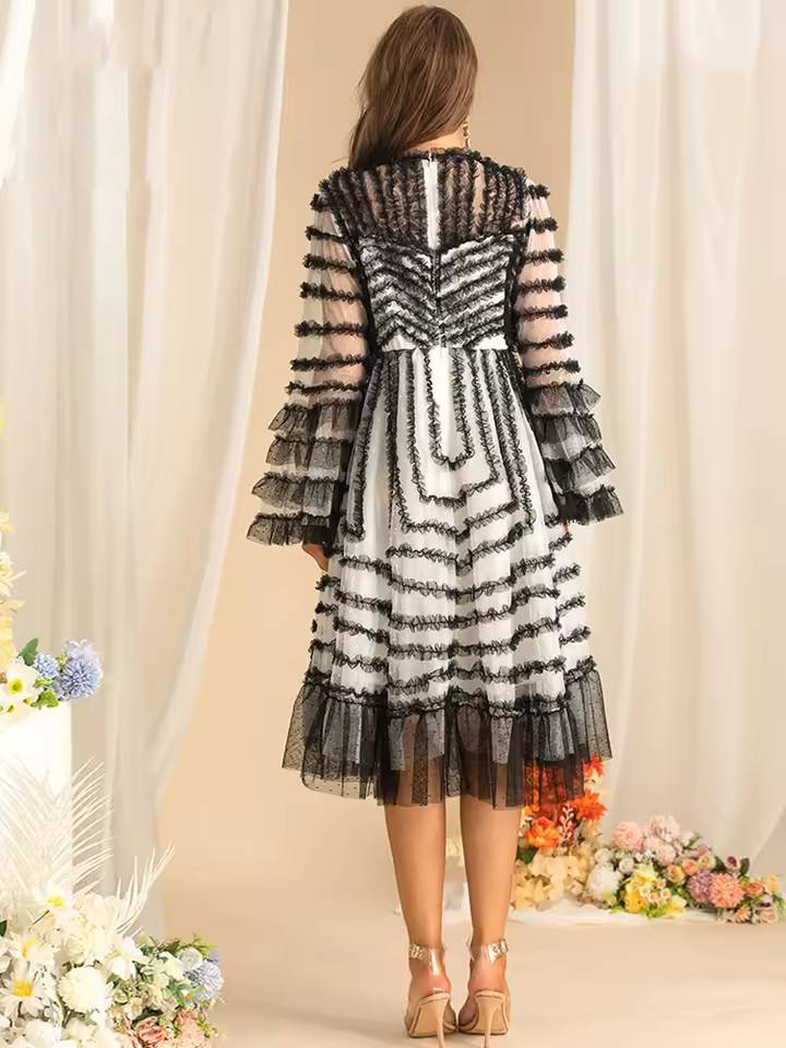 Flare Sleeved Edible Tree Fungus Edge Striped High Waist Midi Dress - Image 5